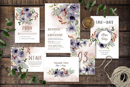 Rustic Purple Floral Wedding Invitation Suite - DIGITAL .PSD FILE