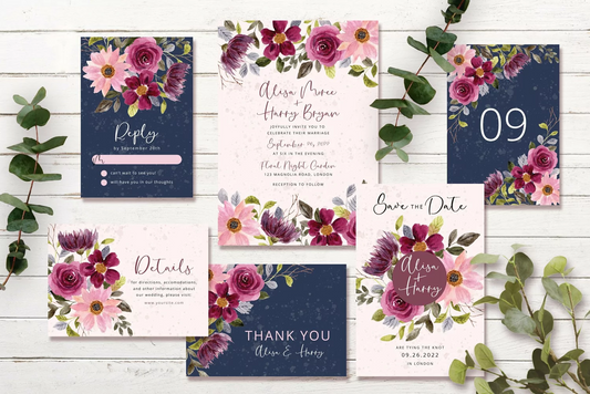 Burgundy Pink Flower Watercolor Wedding Invitation Suite - DIGITAL .PSD FILE