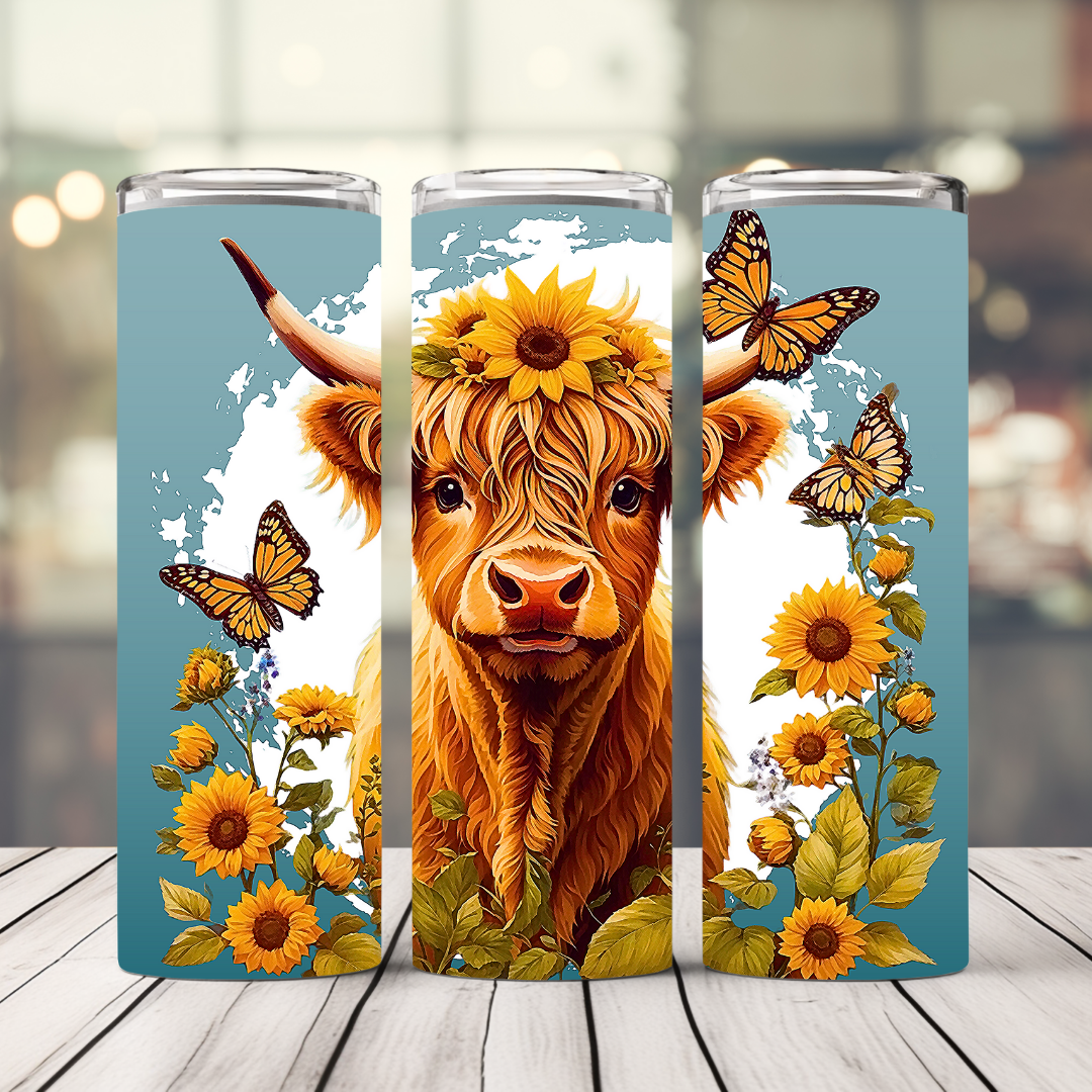 Butterfly Highland Cow 20 Oz. Straight Stainless Steel Tumbler