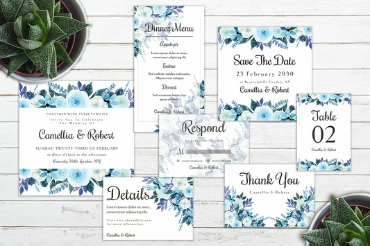 Romantic Blue And Green Floral Wedding Invitation Suite - DIGITAL .PSD FILE