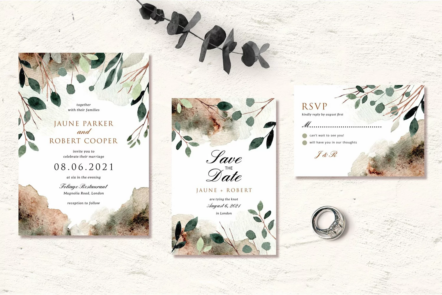 Vintage Foliage Wedding Invitation Suite - DIGITAL .PSD FILE