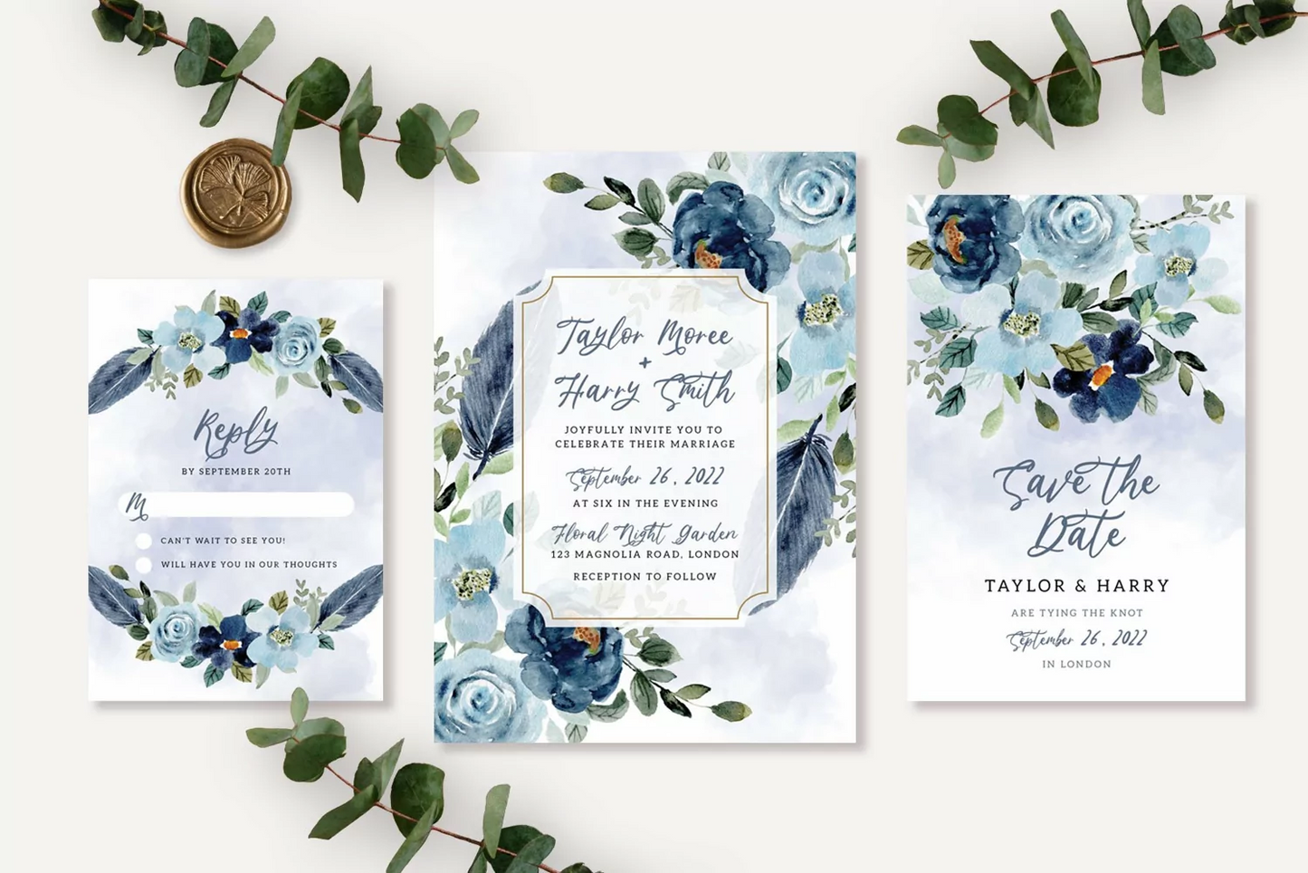 Blue Flower and Feather Wedding Invitation Suite - DIGITAL .PSD FILE