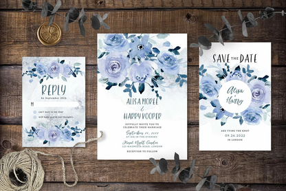 Pale Blue Flowers Wedding Invitation Suite - DIGITAL .PSD FILE