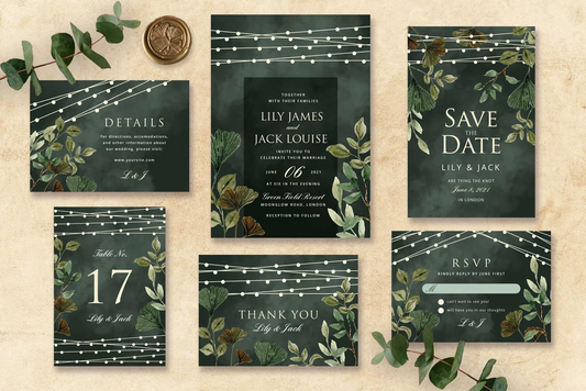 String Lights and Foliage Wedding Invitation Suite - DIGITAL .PSD FILE