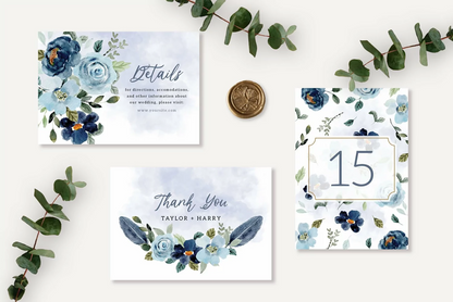 Blue Flower and Feather Wedding Invitation Suite - DIGITAL .PSD FILE