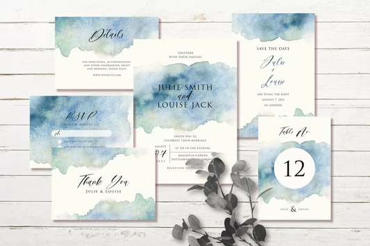 Blue Green Watercolor Wedding Invitation Suite - DIGITAL .PSD FILE