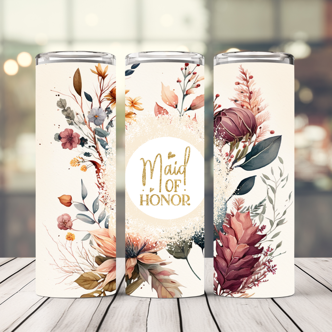 Maid of Honor Boho Floral 20 Oz. Straight Stainless Steel Tumbler