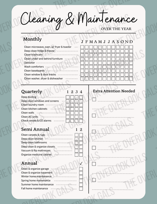 Cleaning & Maintenance Sheet (Printable)
