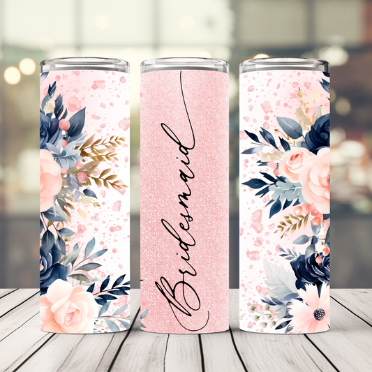 Pink Faux Glitter + Flower Bridesmaid 20 Oz. Straight Stainless Steel Tumbler